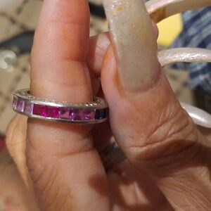 AUTHENTIC MUTLI SAPPHIRES DIAMONELLE PRINCESS CUT ETERNITY SOLID STERLING RING